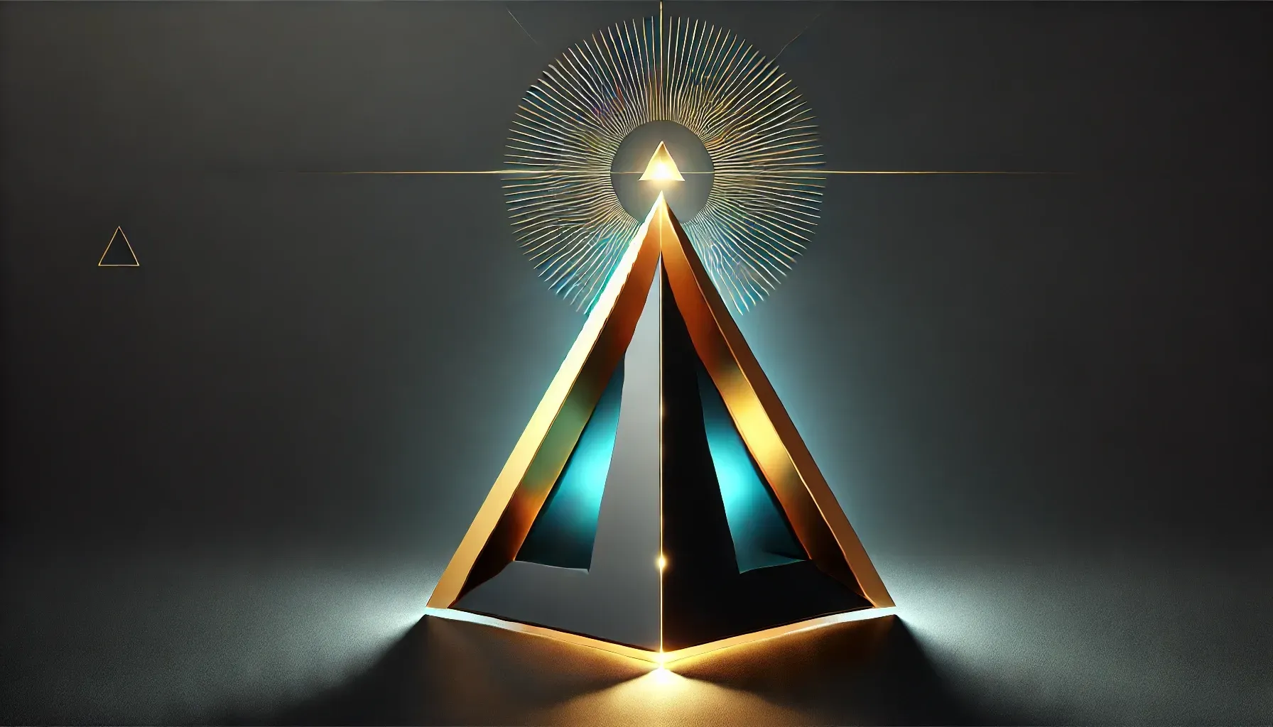 Eine Pyramide mit einem türkis Akzent im Inneren und ein Strahlen an der Spitze als Symbol der Quell