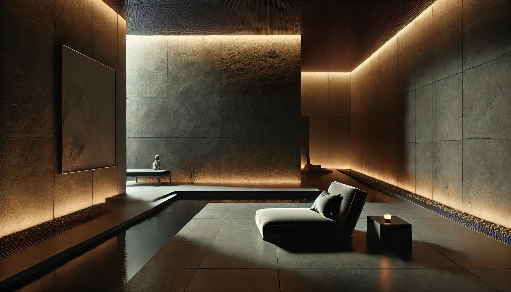 Ein luxurious minimalistischer Raum mit Lichteinfall in dem ein Platz zur Ruhe und Konzentration ist.