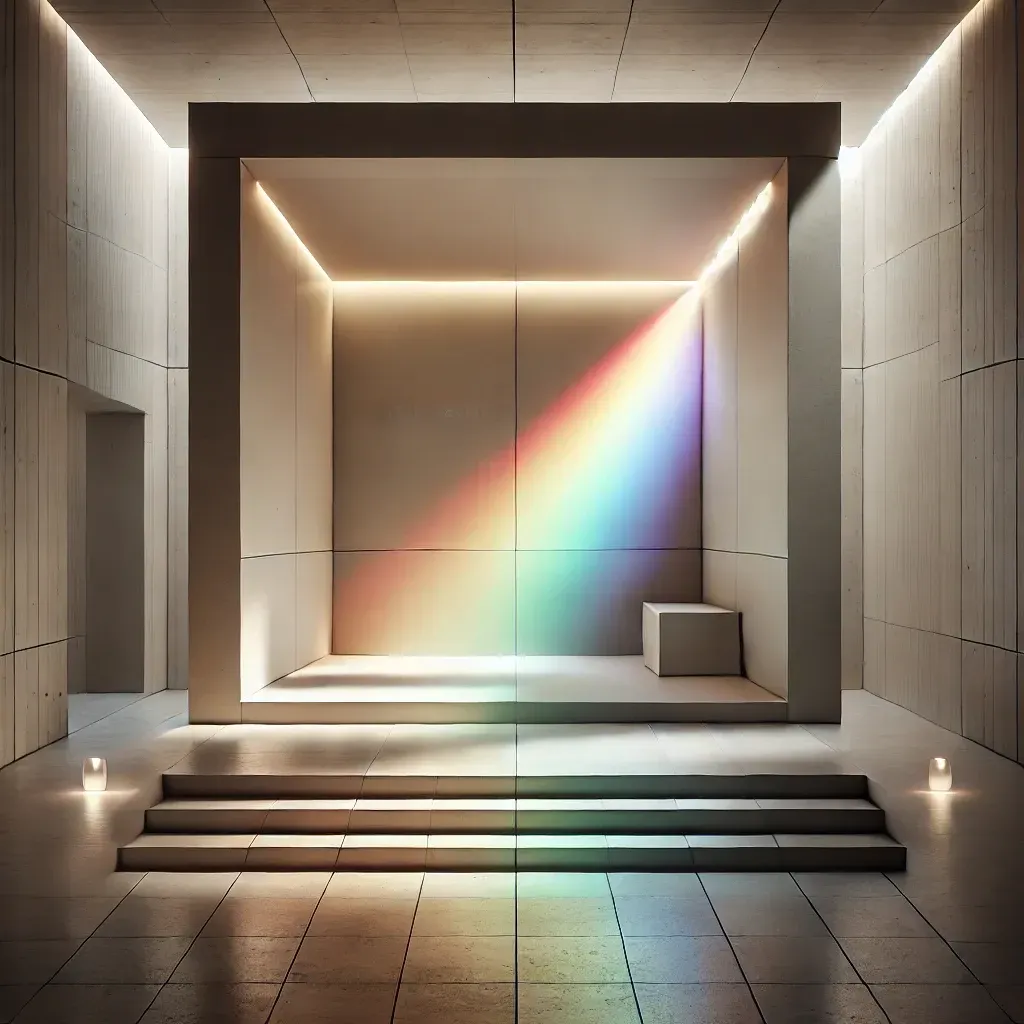 Ein minimalistischer Raum lichtdurchflutet und mit Regenbogen als Symbol in den eigenen Raum zurückkehren.