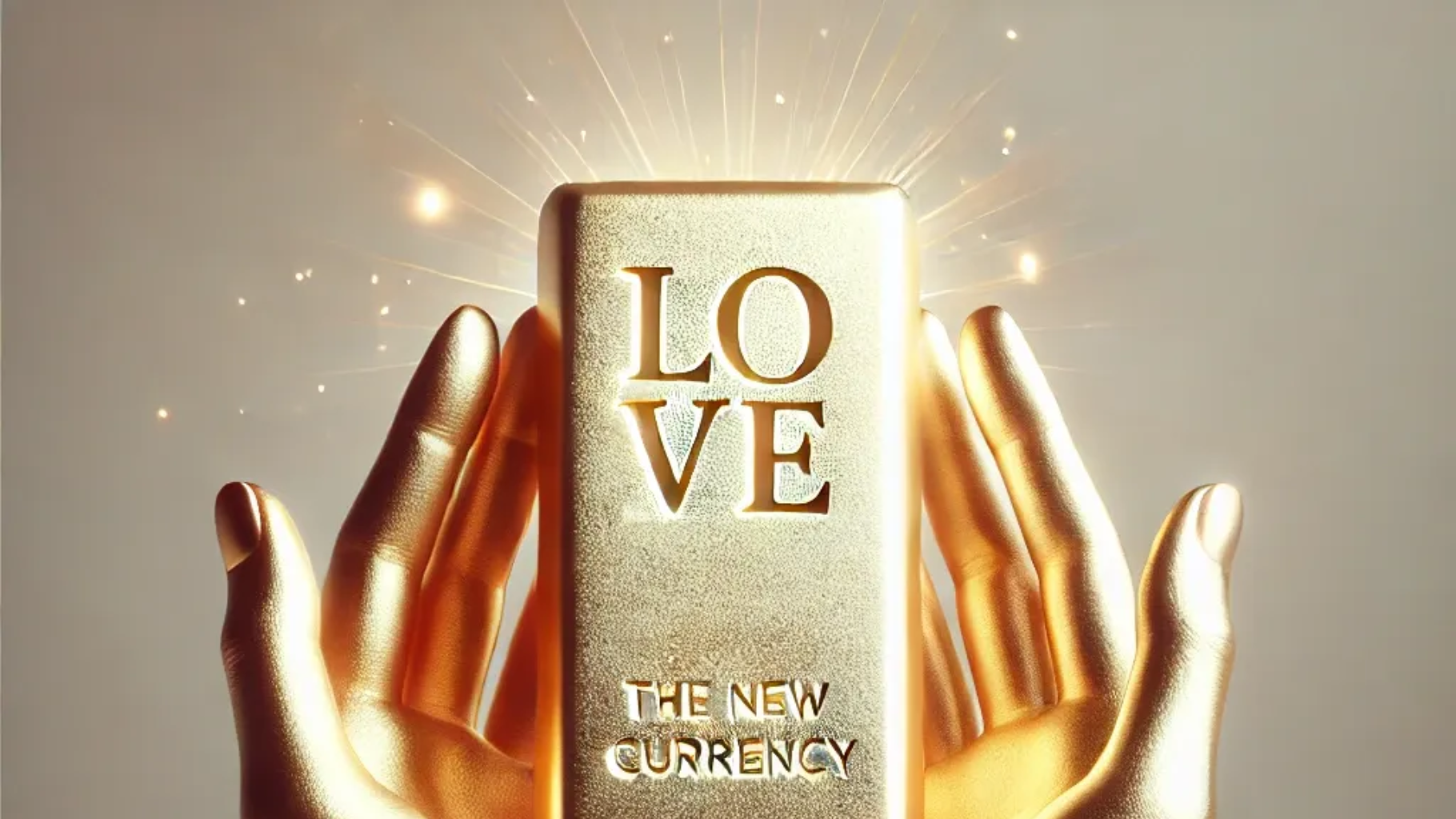 Ein Goldbarren in beiden Händen mit der Aufschrift LOVE The new Currency.
