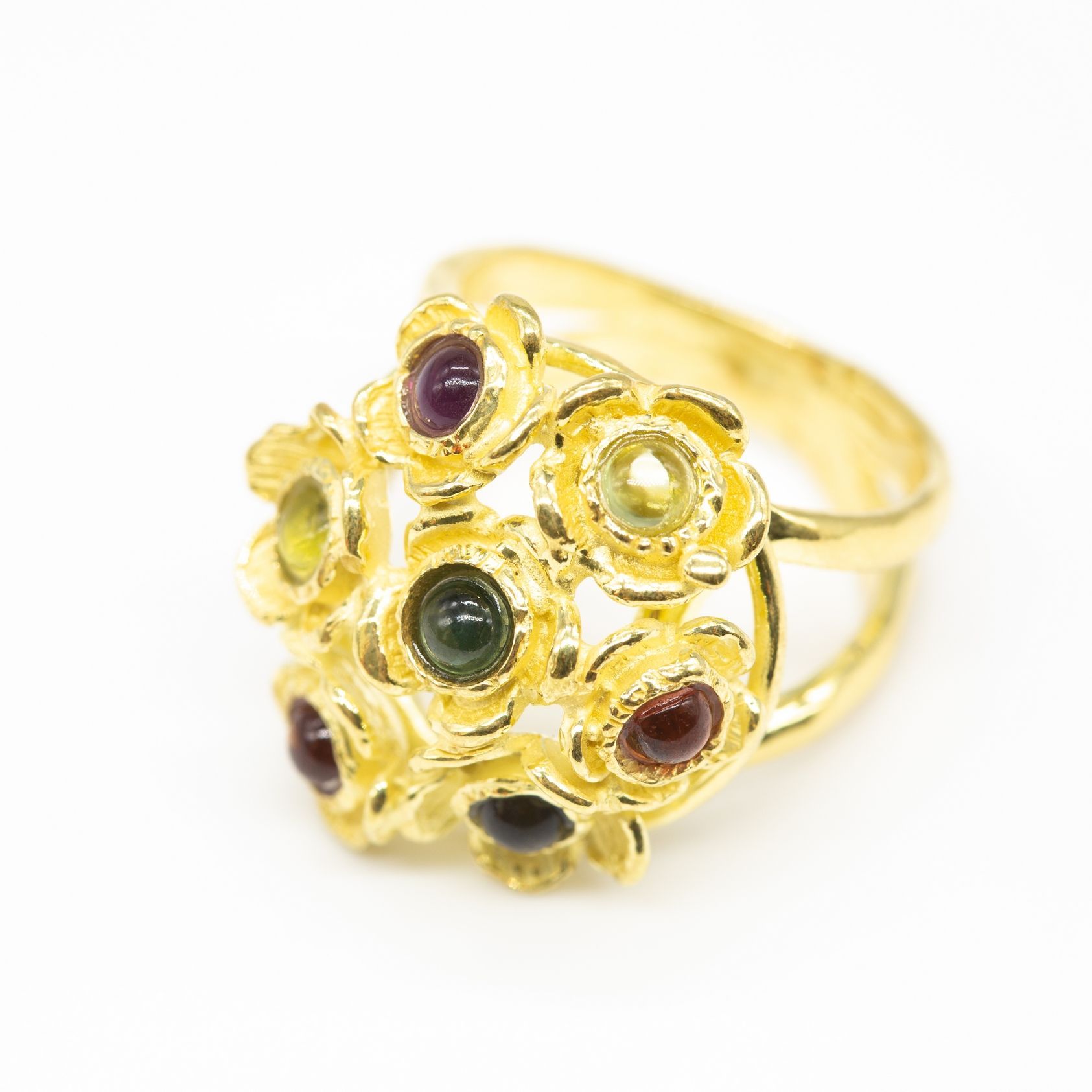 Gioielli in argento 925 dorato con pietre dure ametista e topazio azzurro, creati con la tecnica della cera persa, interamente a mano