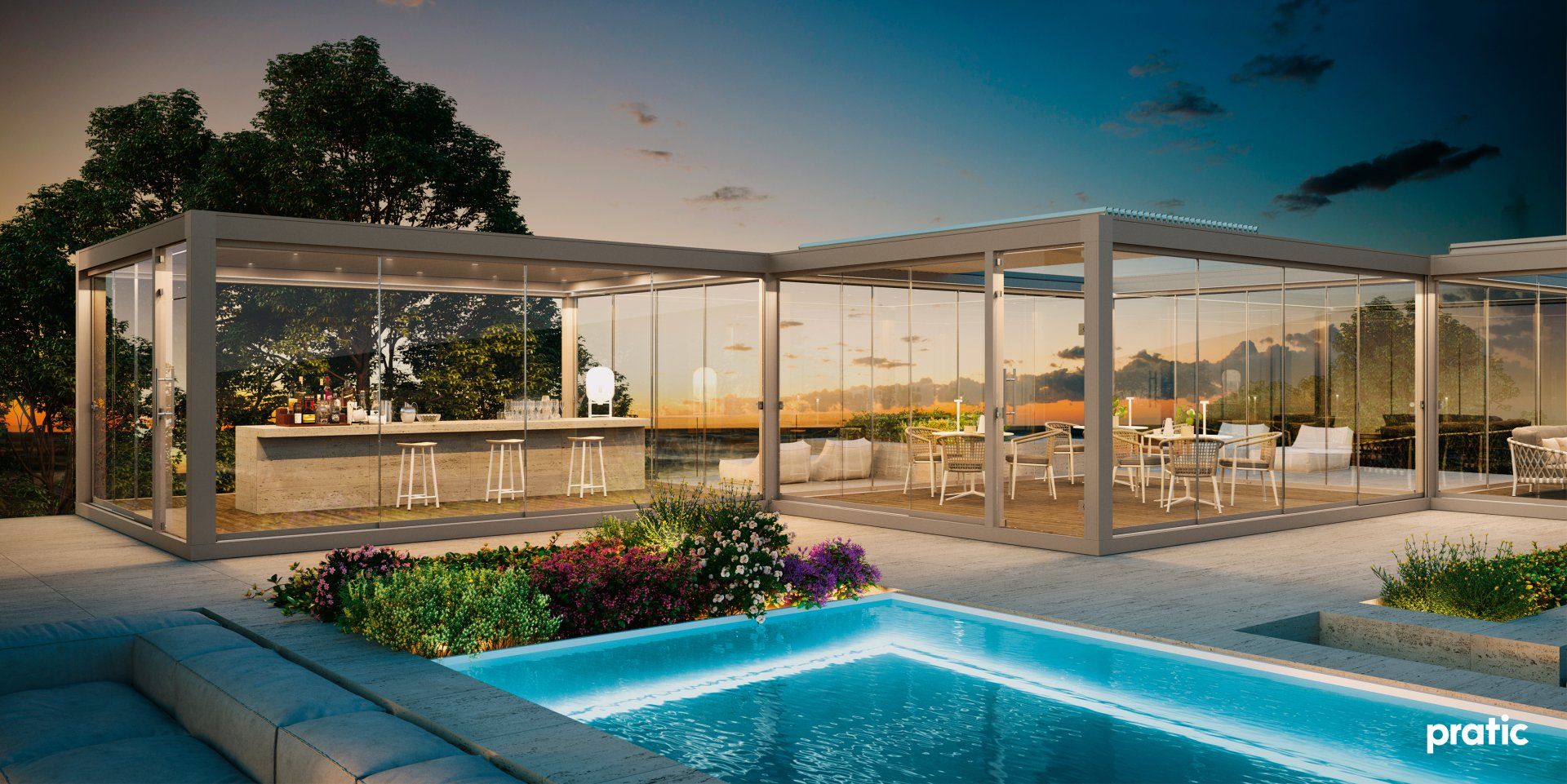 Edle Gastronomie-Terrassenüberdachung mit Lamellendach aus Aluminium. Für Hotels und Restaurants geeignet. Egal ob Terrasse, Dachterrasse oder im Garten.