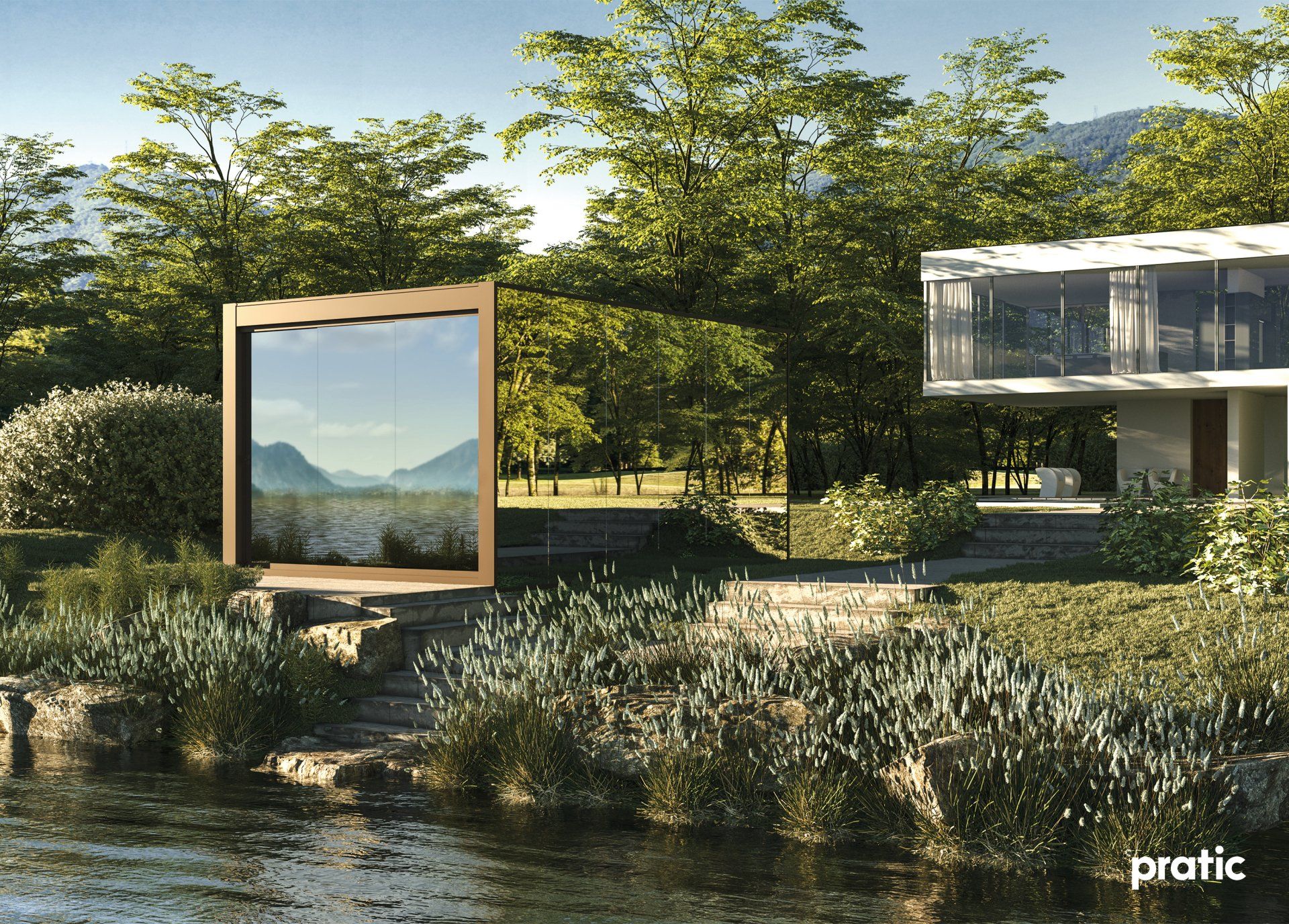 Hochwertiges Terrassendach von Brustor als Sonnenschutz im Garten am Pool.