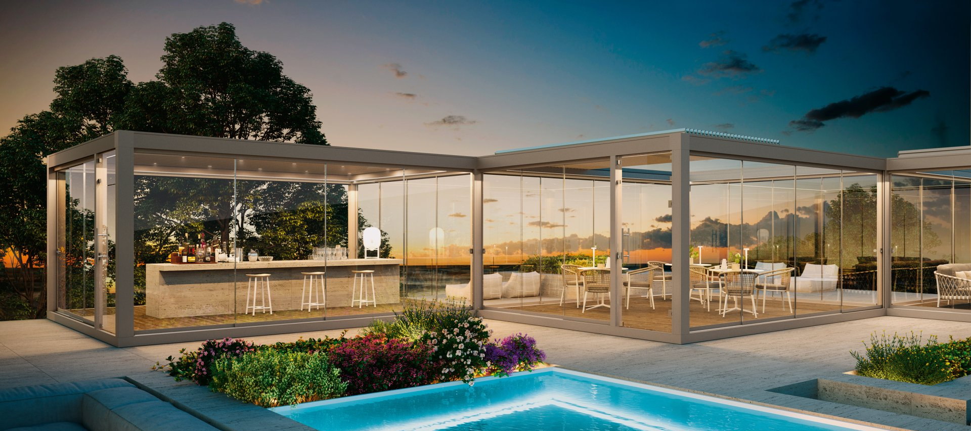 Edle Gastronomie-Terrassenüberdachung mit Lamellendach aus Aluminium. Für Hotels und Restaurants geeignet. Egal ob Terrasse, Dachterrasse oder im Garten.