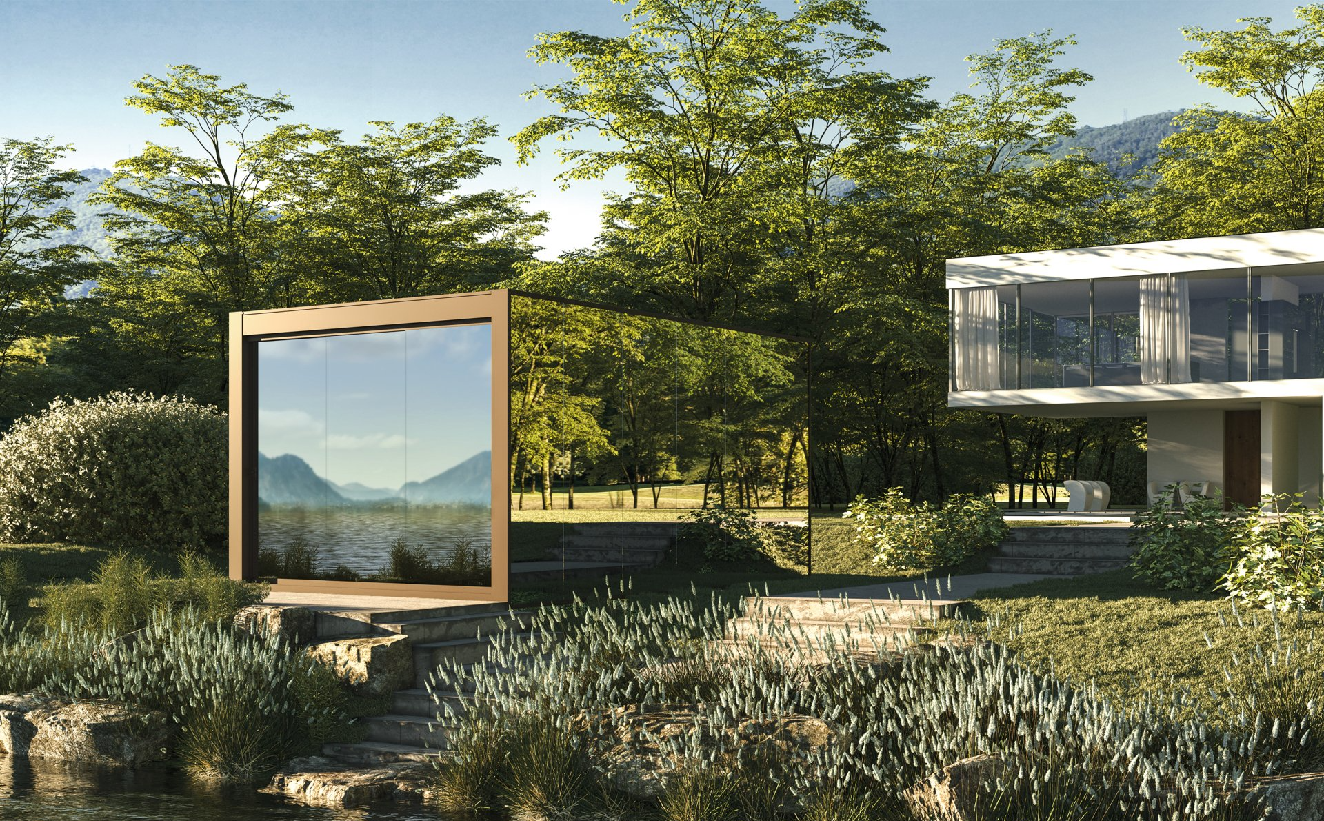 Hochwertiges Terrassendach von Brustor als Sonnenschutz im Garten am Pool.