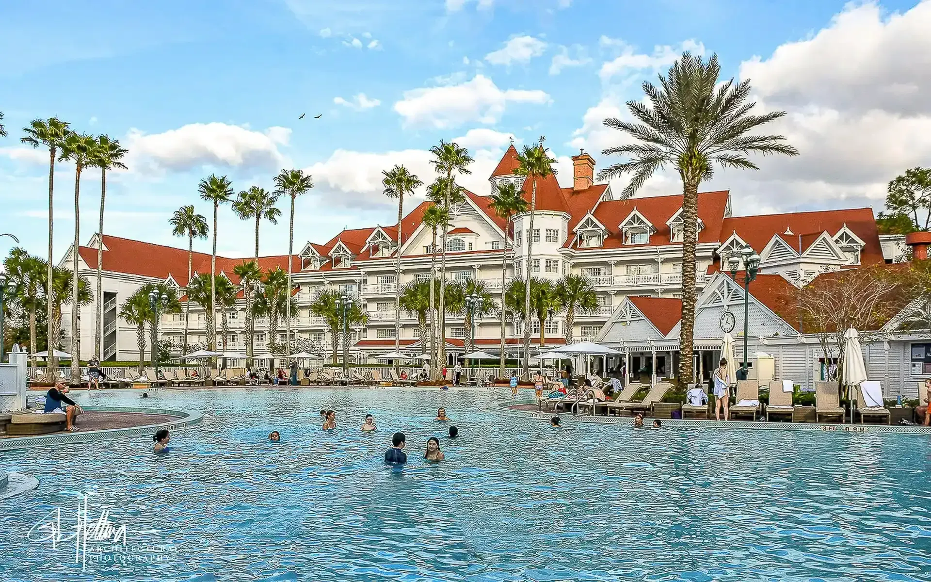 Grand Floridian Resort at Disney World, Florida, Victorian-style luxury hotel with white exterior and red roofs.