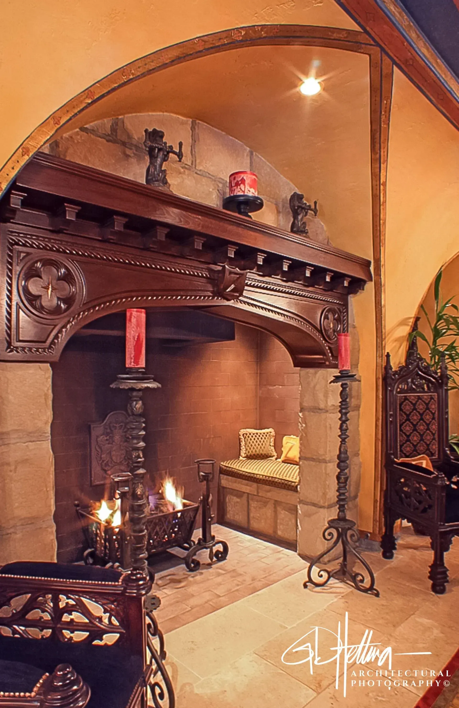 Inglenook fireplace view featuring built-in seating and traditional interior design at Montecito, California