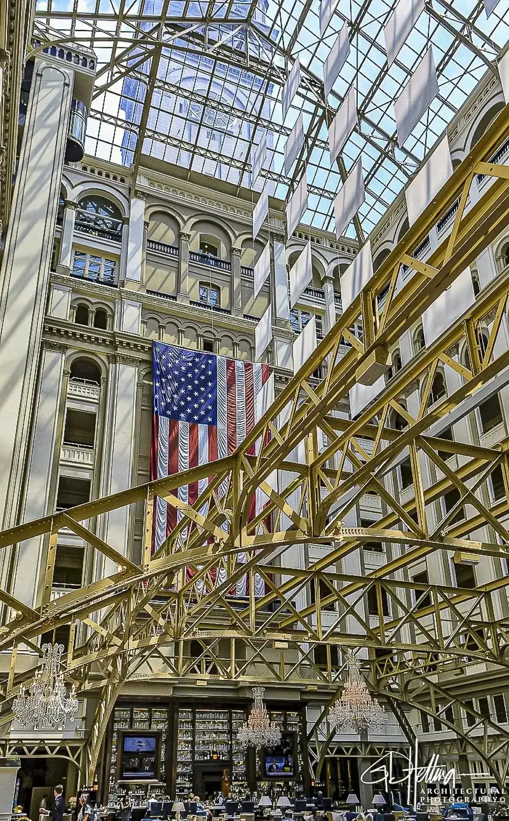 Interior view of Trump International Hotel, Washington, DC, featuring the grand original structural elements.