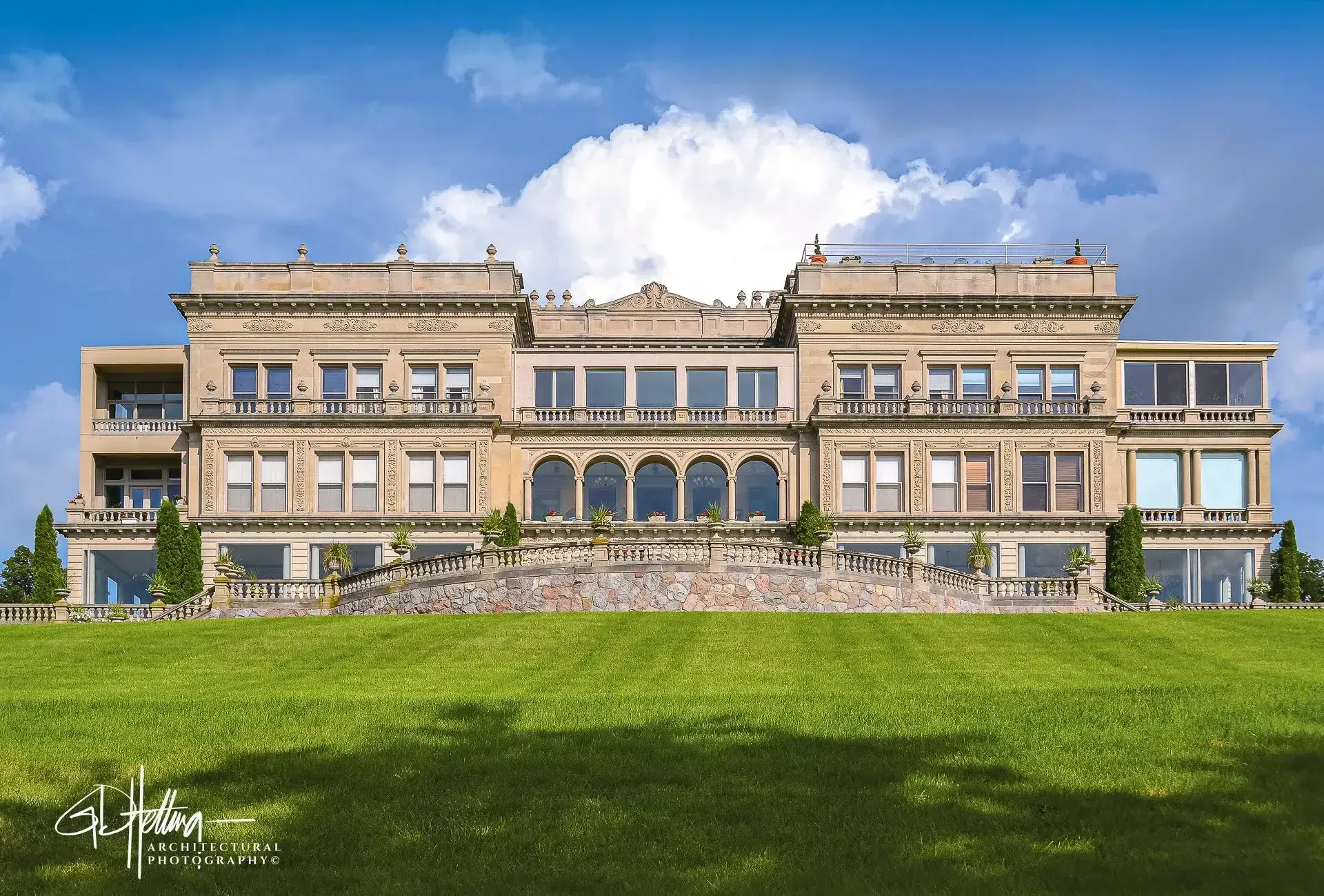 Stone manor exterior featuring traditional residential architecture and classic stone facade design – P880