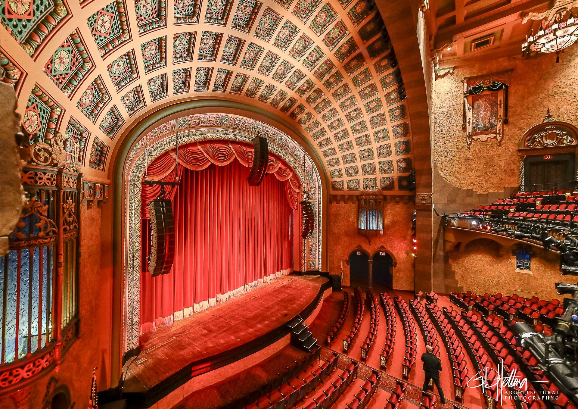 Professional architectural photographer capturing the detailed interior of a historic theatre venue