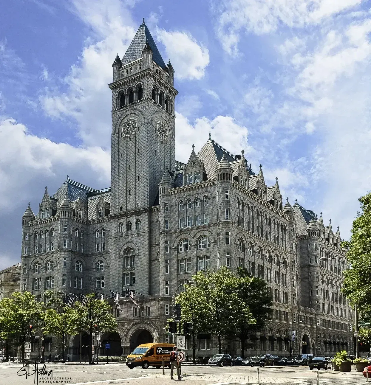 Trump International Hotel in Washington, DC, historic building with exterior grand stone façade and arches.
