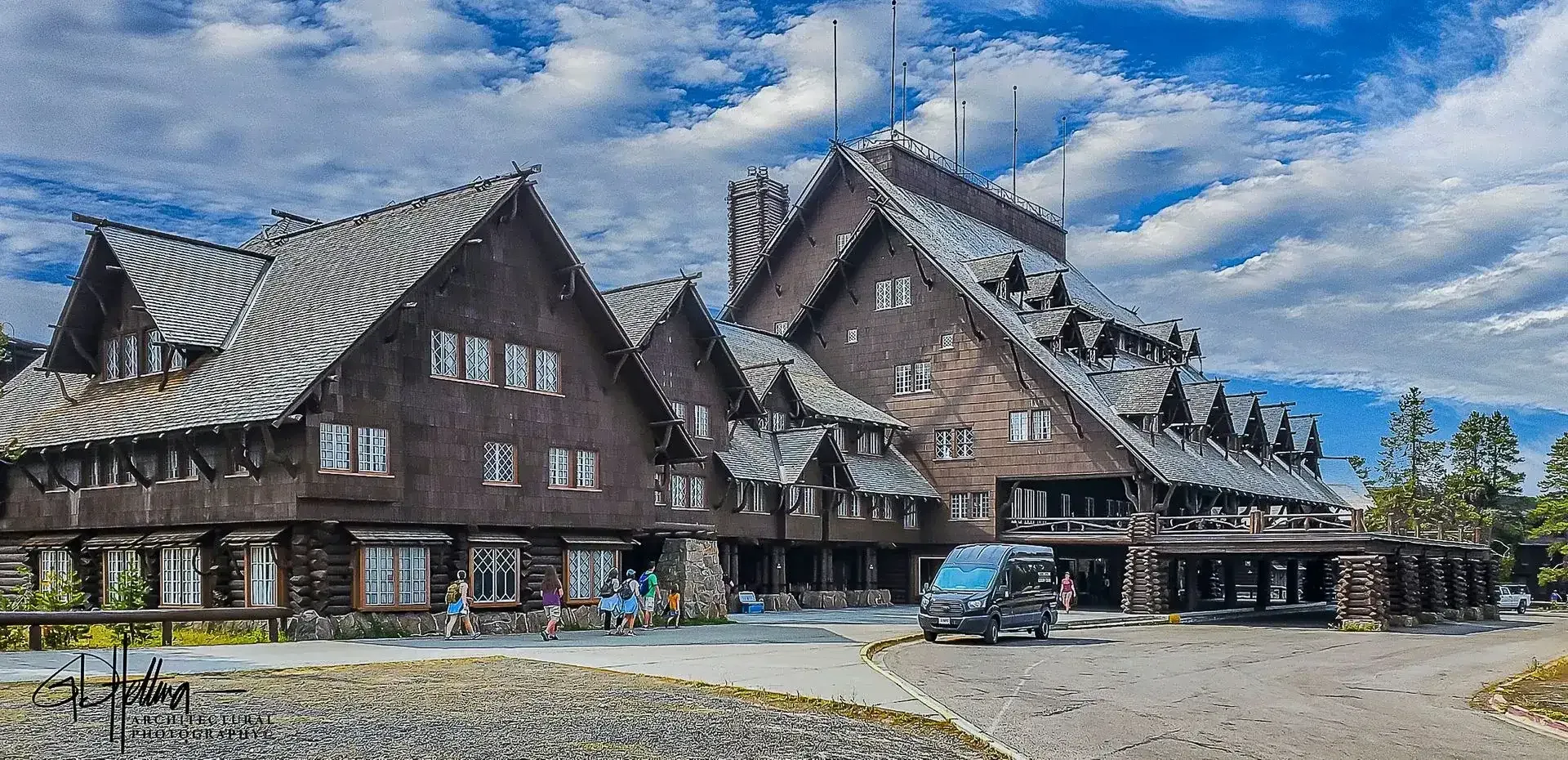 Old Faithful Inn in Yellowstone National Park, rustic log lodge with iconic historic design built 1904