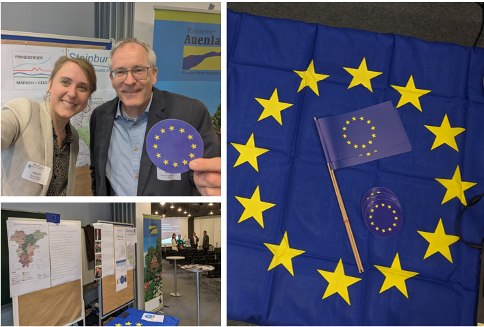 Bildercollage mit zwei Personen, Eu-Flaggen und einem Informations-Messe-Stand Bildercollage mit zwei Personen, Eu-Flaggen und einem Informations-Messe-Stand