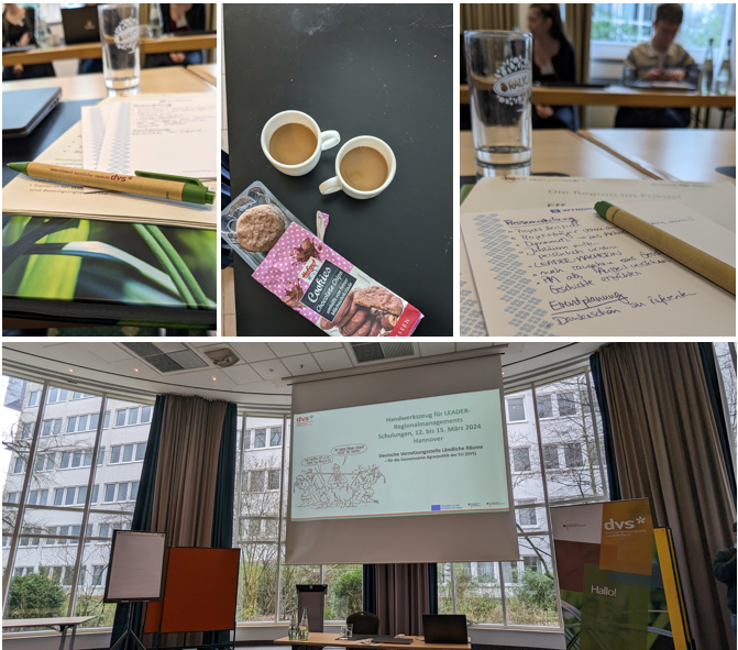 Bildercollage mit Notizheft und Stift, Kaffeetassen und Keksen und einer Leinwand mit Präsentationsfolien Bildercollage mit Notizheft und Stift, Kaffeetassen und Keksen und einer Leinwand mit Präsentationsfolien