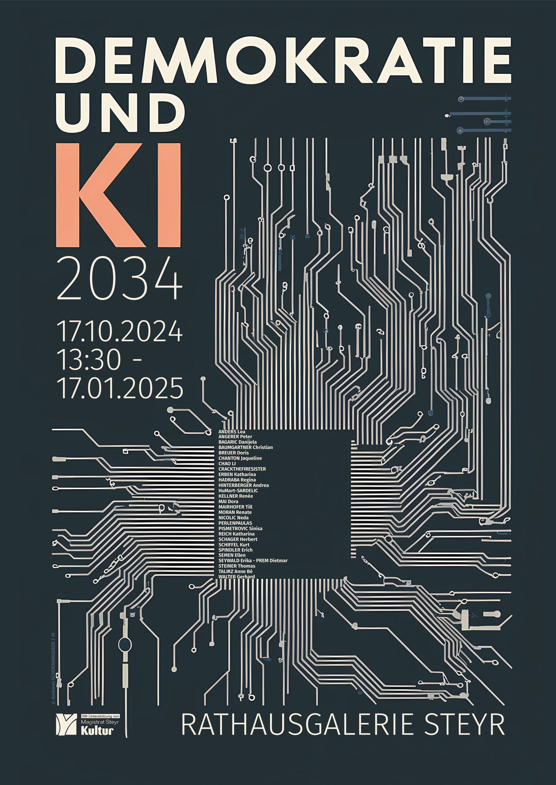 Plakat DEMOKRATIE und KI 2034 - Rathausgalerie Steyr Plakat DEMOKRATIE und KI 2034 - Rathausgalerie Steyr