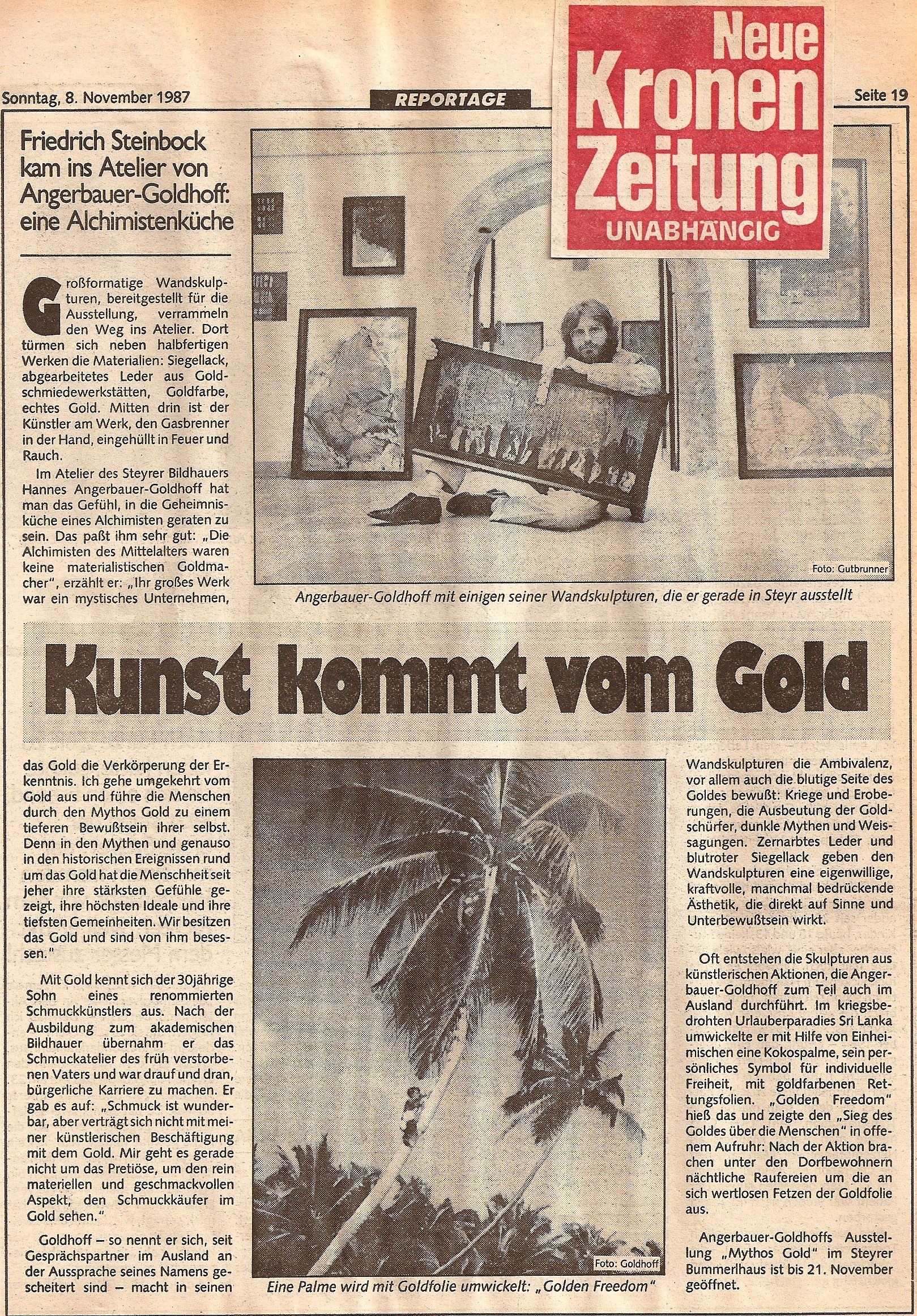 Kunst, Gold, Kronen Zeitung Österreich 1980 Kunst kommt vom Gold - Ö. Kronenzeitung 1987