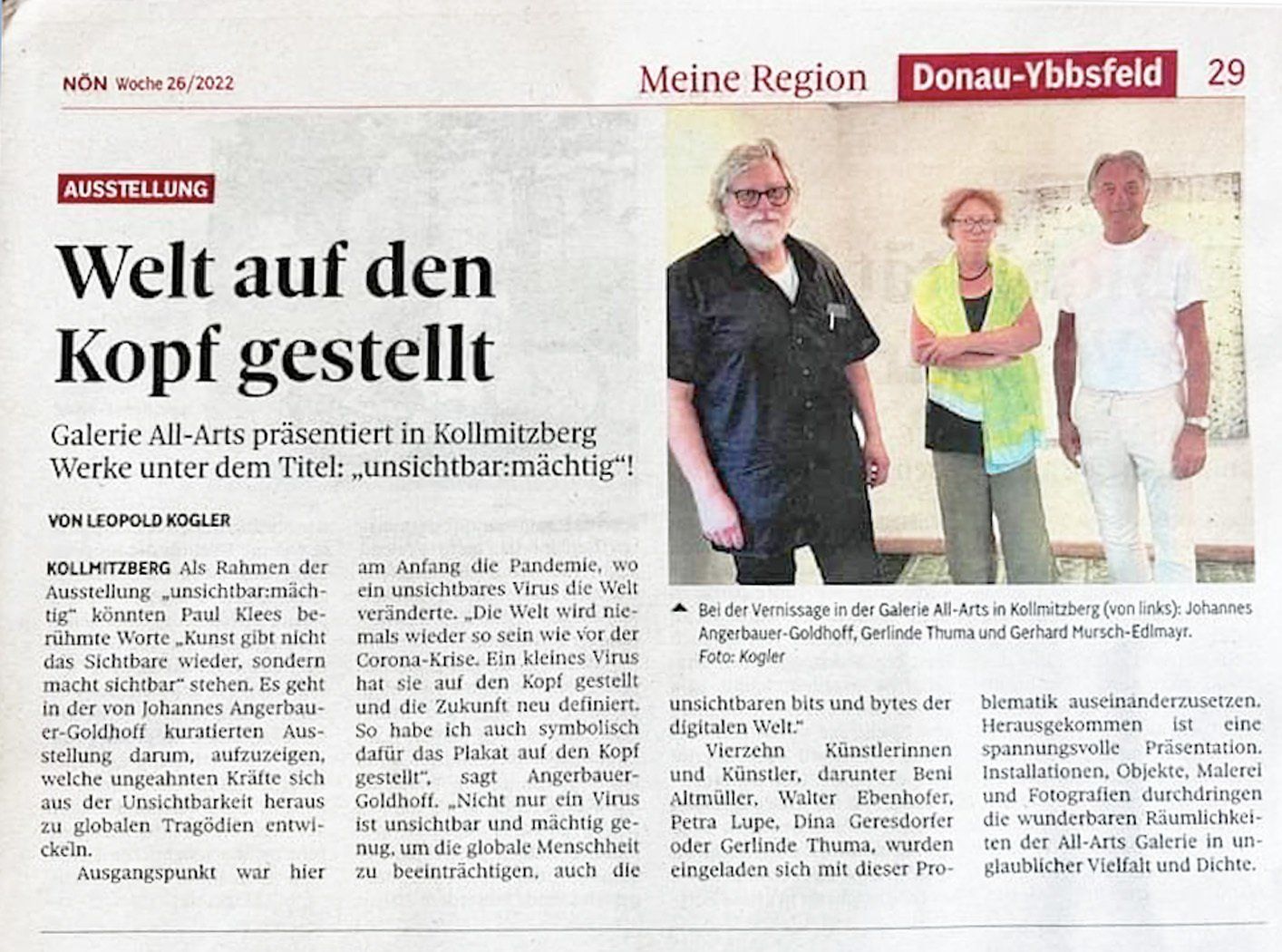 Welt auf den Kopf gestellt - Galerie ALL arts NÖN Woche 26/2022 Galerie ALLarts KOvid21art