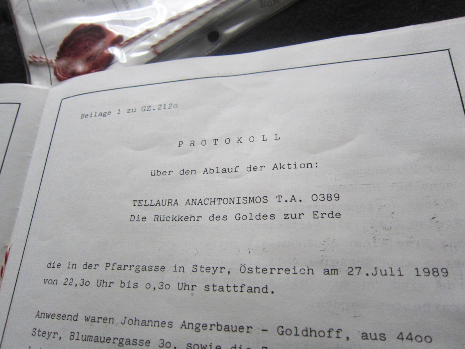 Steyr Pfarrgasse - Gold an die Erde - Notar Protokoll 1989 Notar Protokoll - Die Rückkehr des Goldes zur Erde 1989
