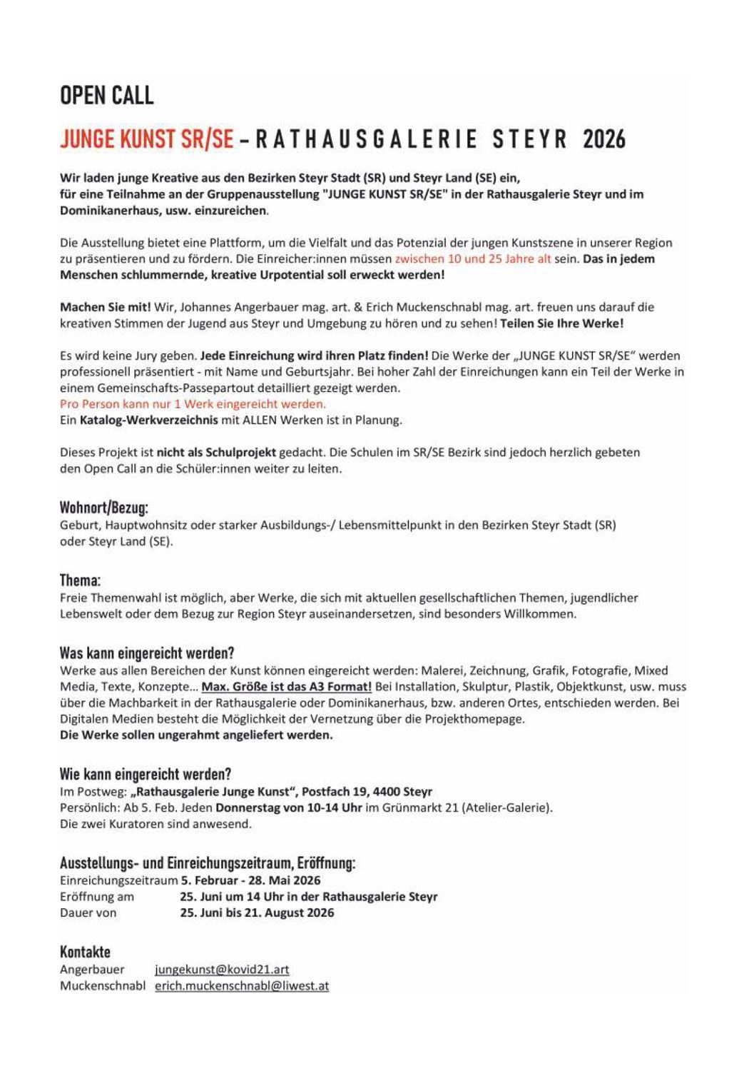 OPEN CALL Junge Kunst SR/SE Rathausgalerie Steyr OPEN CALL Junge Kunst SR/SE Rathausgalerie Steyr