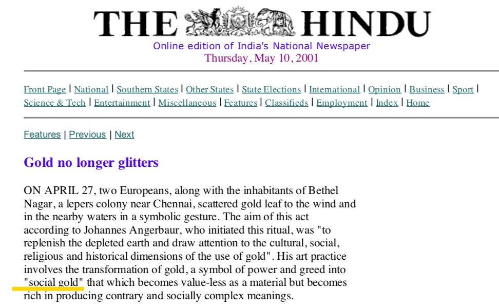 Social Gold - THE HINDU - 2001 05 10 The Hindu - May 10, 2001 - Social Gold