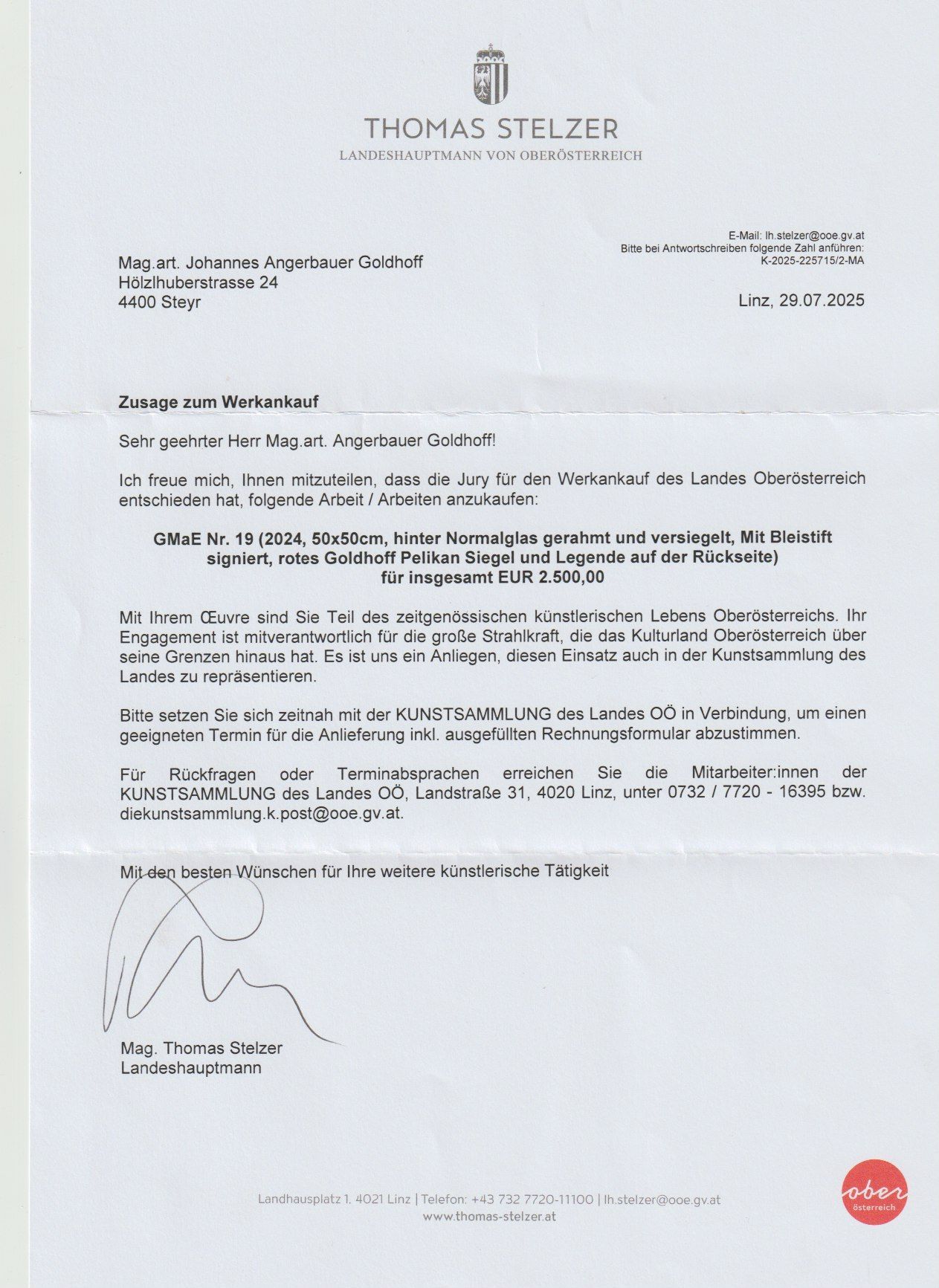 Brief GMaE 19 - OÖ Landeshauptmann Mag. Thomas Stelzer Goldminen Arbeit auf Erde Nr. 19. Werkankauf Brief OÖ Landeshauptmann Mag. Thomas Stelzer
