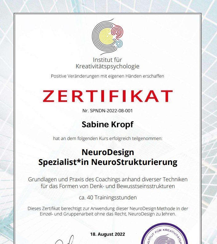 Zertifikat NeuroDesign-Spezialistin NeuroStrukturierung