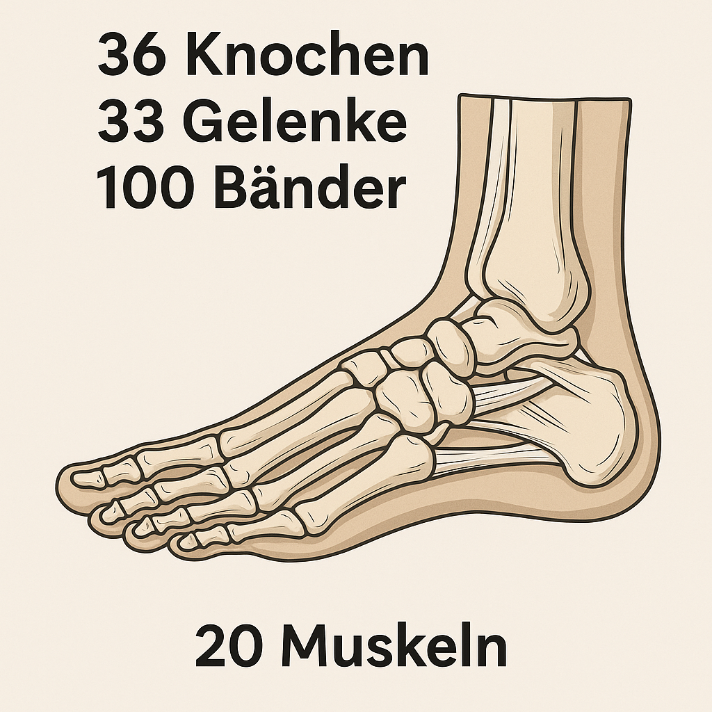Anatomische Illustration des Fußes mit Knochen, Gelenken, Bändern und Muskeln