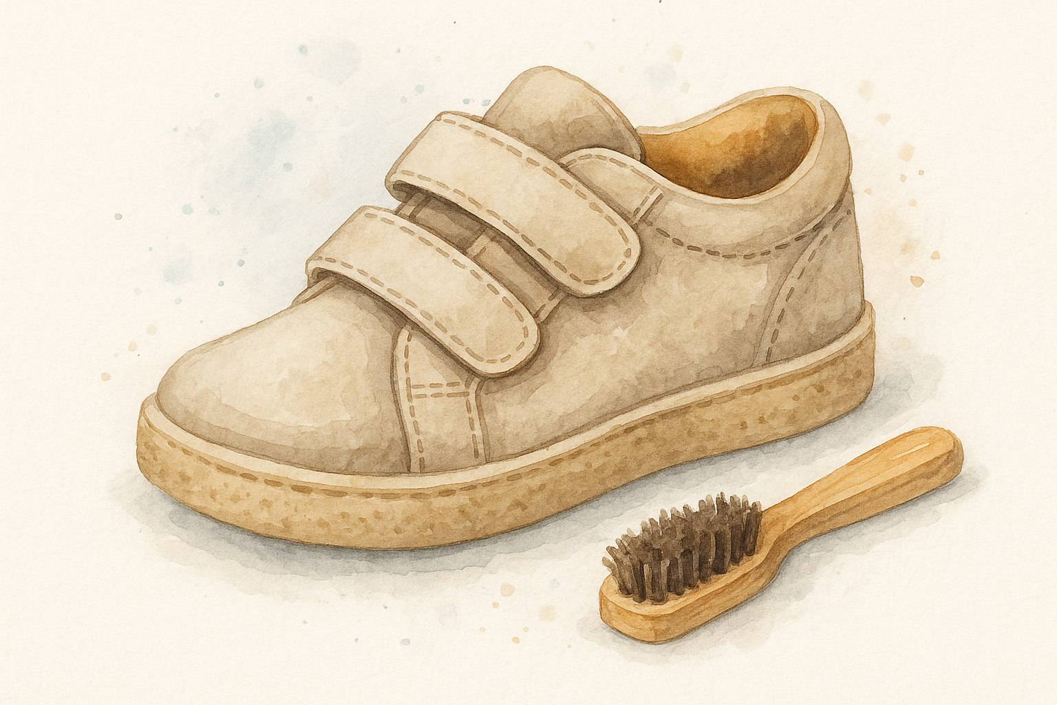 Aquarell-Illustration eines beigen Kinderschuhs mit Klettverschluss, daneben eine kleine Holz-Bürste