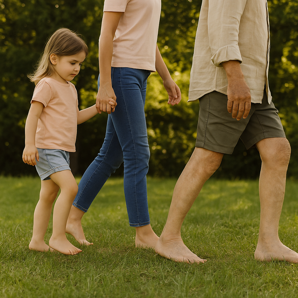 Barfußlaufen auf der Wiese Drei Generationen gehen barfuß über eine Wiese – Symbol für natürliche Fußgesundheit im ganzen Leben.