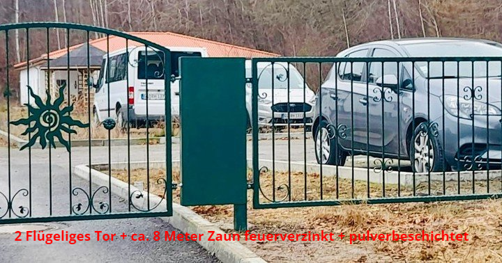 2 Flügeliges Tor + ca. 8 Meter Zaun feuerverzinkt + pulverbeschichtet 2 Flügeliges Tor + ca. 8 Meter Zaun feuerverzinkt + pulverbeschichtet