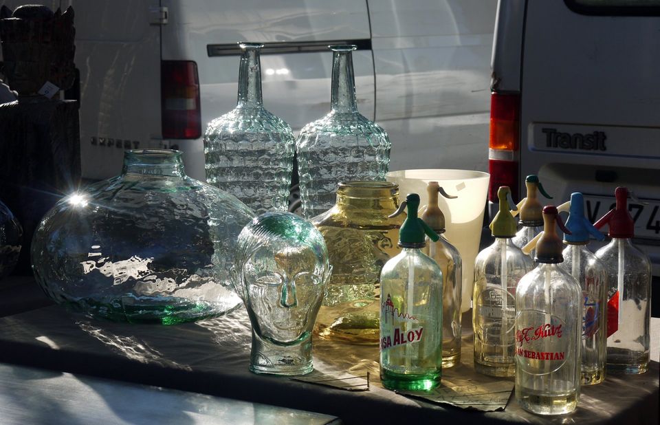 cristal, cabeza, sifones, rastro, años cincuenta, damajuana, botellas