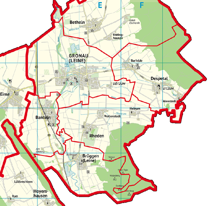 Stadt Gronau (Leine) mit Grenzen der Ortsteile
