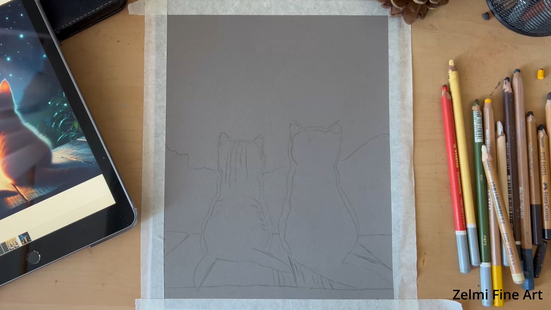 Réaliser deux petits chats qui regardent les étoiles au pastel sec Réaliser deux petits chats qui regardent les étoiles au pastel sec