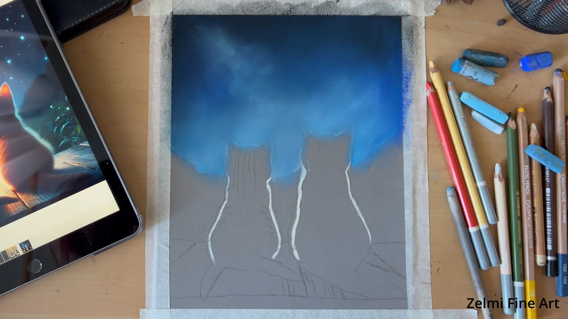 Réaliser deux petits chats qui regardent le ciel étoilé au pastel sec Réaliser deux petits chats qui regardent le ciel étoilé au pastel sec