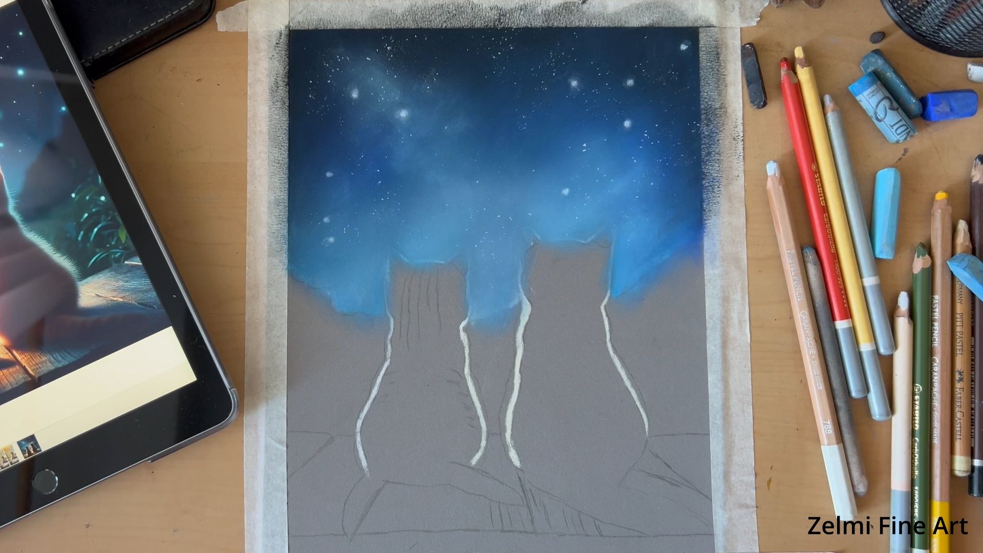 Réaliser deux petits chats qui regardent le ciel étoilé au pastel sec Réaliser deux petits chats qui regardent le ciel étoilé au pastel sec