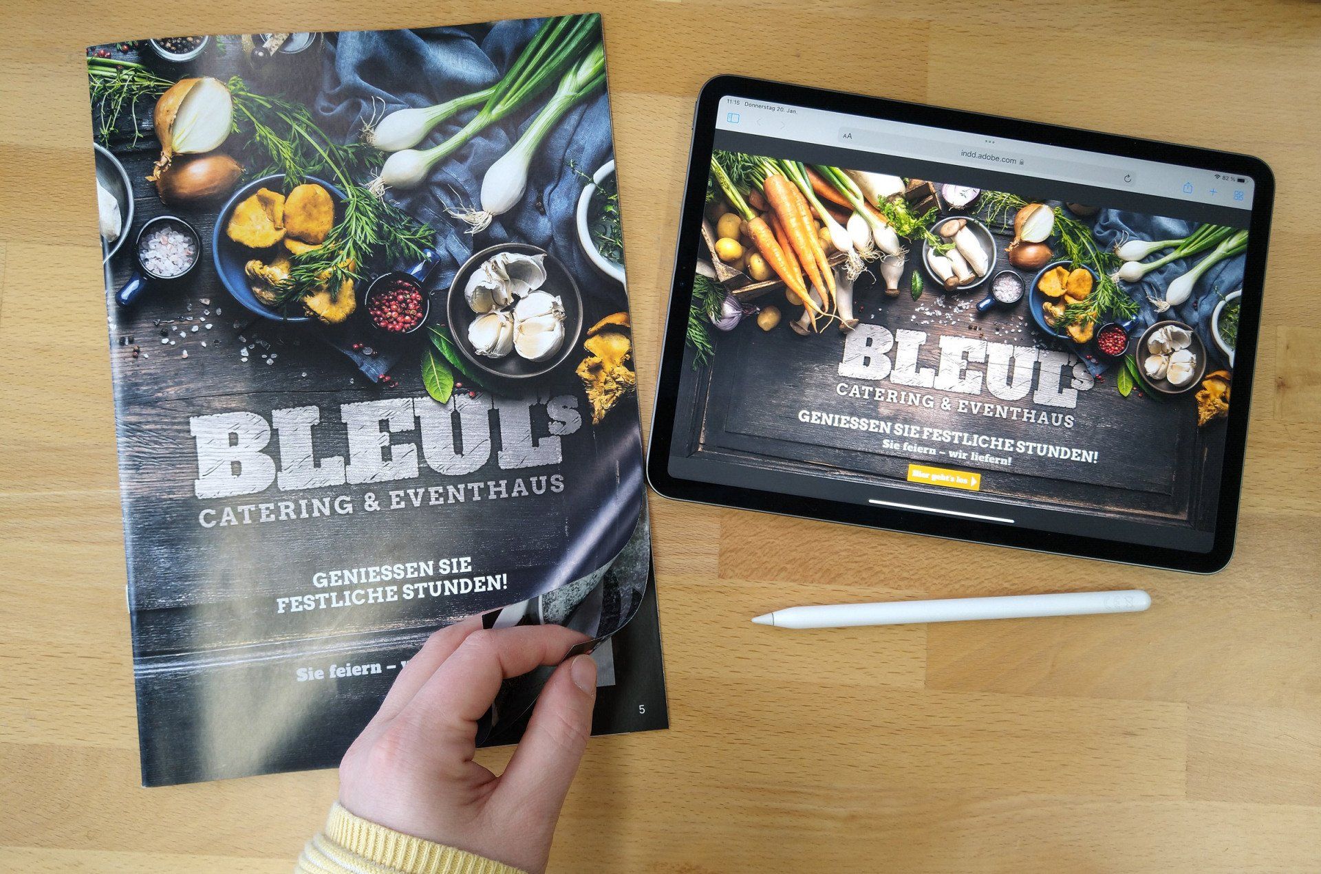 Broschüre für Bleuls Catering und Eventhaus in der Printausgabe und der interaktiven Version auf dem Tablet