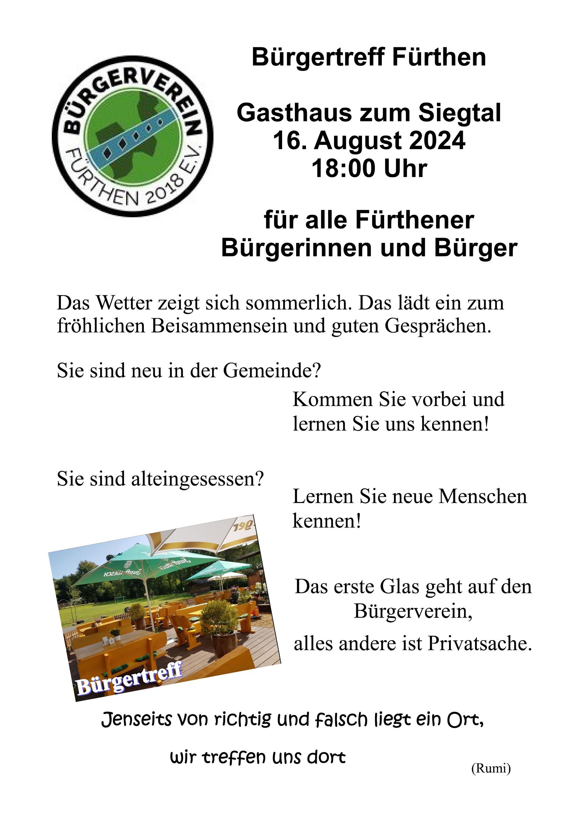Bürgertreff am 16. August im Gasthaus zum Siegtal