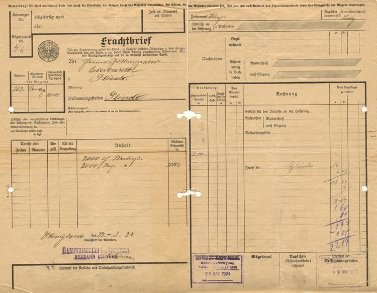 Frachtbrief Ziegelei Günther