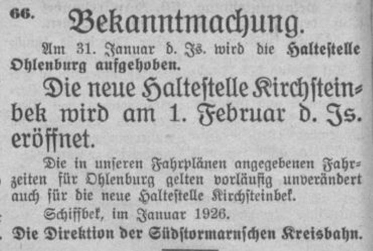 Kreisblatt zur Eröffnung Haltestelle Kirchsteinbek 1926