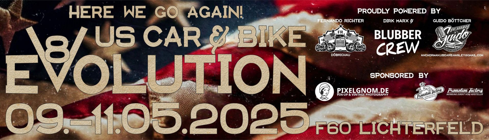 Dunkles Plakat mit Hellbrauner Schrift und vielen Act Logos des Festivals US Car & Bike Evolution F60 Lichtenfeld