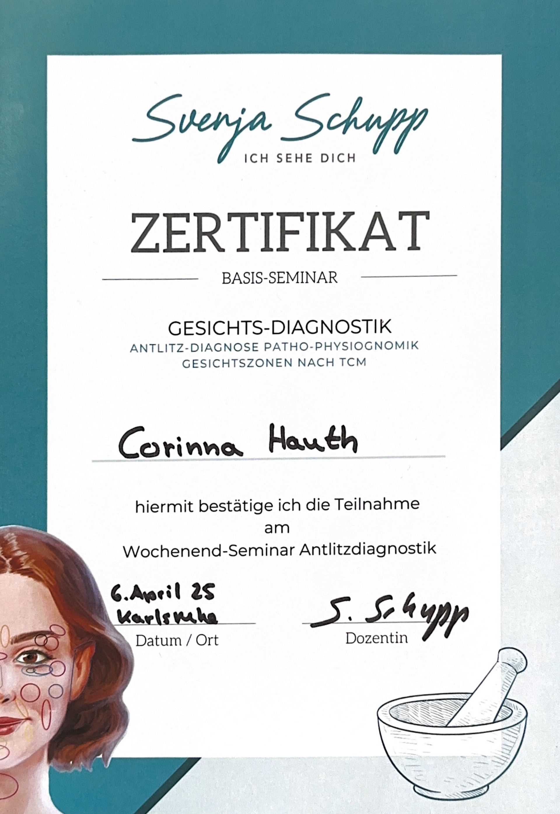 Zertifikat für Wochenend-Seminar Antlitzdiagnostik, Gesichtsdiagnostik