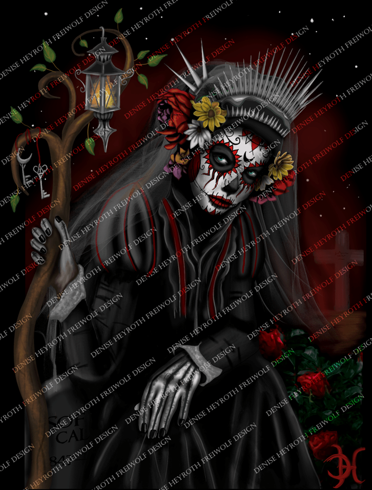 Handgemalte Gothic Fantasy Illustration einer geschminkten Skelettfrau mit Laterne im Dia de los Muertos Stil für Buchcover und Album-Art. Kunstwerk von Freiwolf Design | Art by Denise.