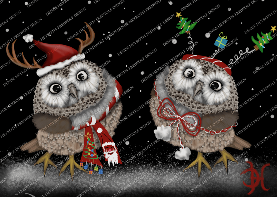 Handgemalte Fantasy Illustration von zwei süßen Eulen mit weihnachtlichen Accessoires auf verschneitem Boden im detailreichen Stil für Kinderbücher und Album Cover. Kunst von Freiwolf Design | Art by Denise.