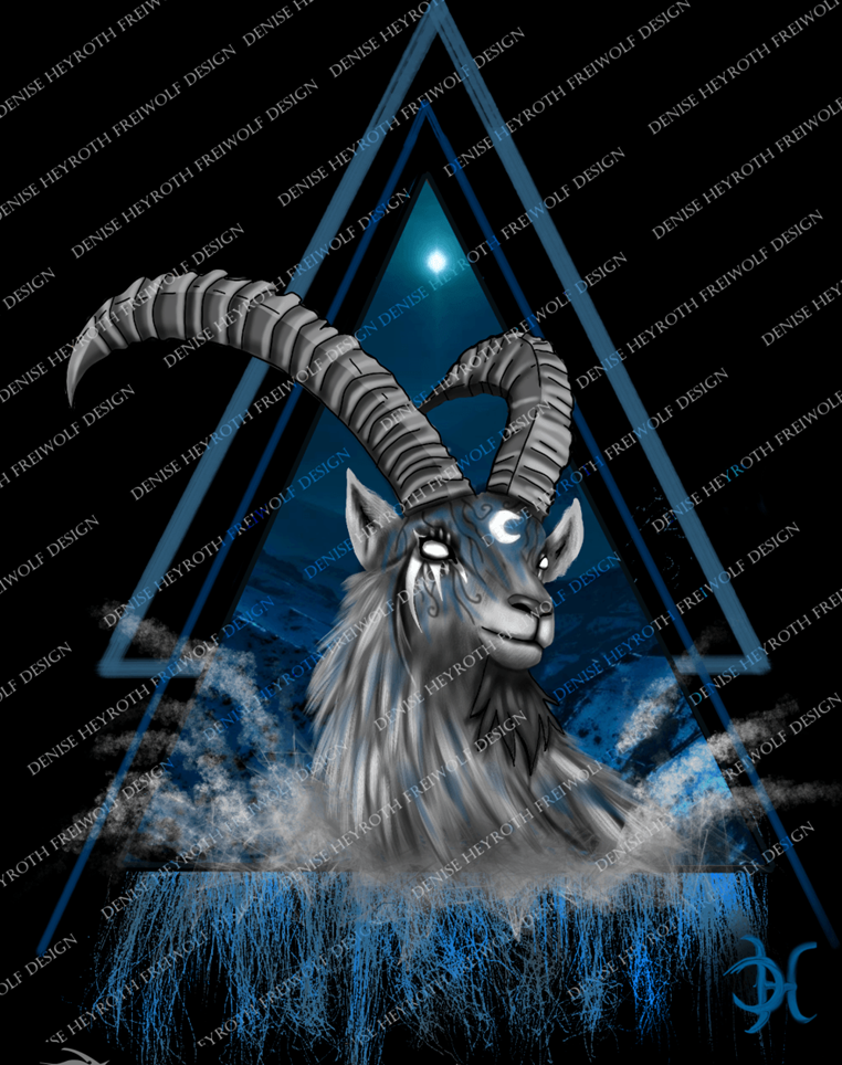 Handgemalte Fantasy Illustration eines mystischen Steinbocks mit geometrischen Formen im Logo-Stil, modernes Schutzwesen Kunstwerk für Buchcover und Musik-Alben. Kunst von Freiwolf Design | Art by Denise.