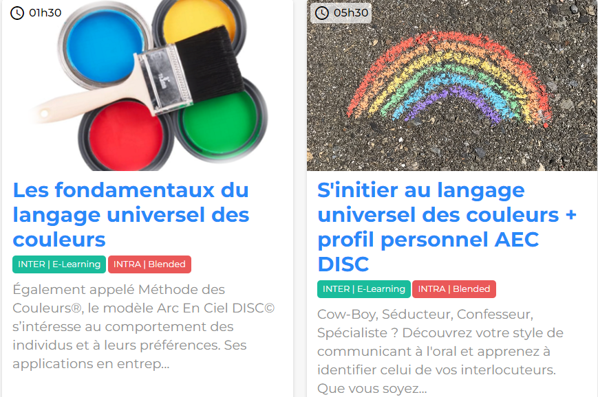 Cliquez pour découvrir notre offre de formations en ligne Vignette catalogue formations en ligne communication et management outil arc-en-ciel DISC