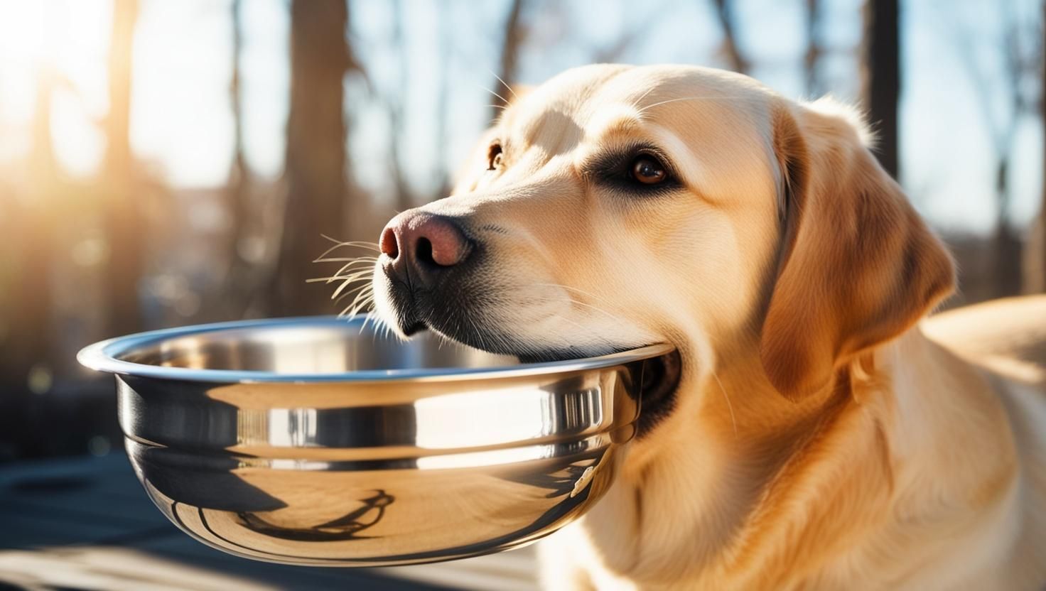Yellow Labrador with water bowl.