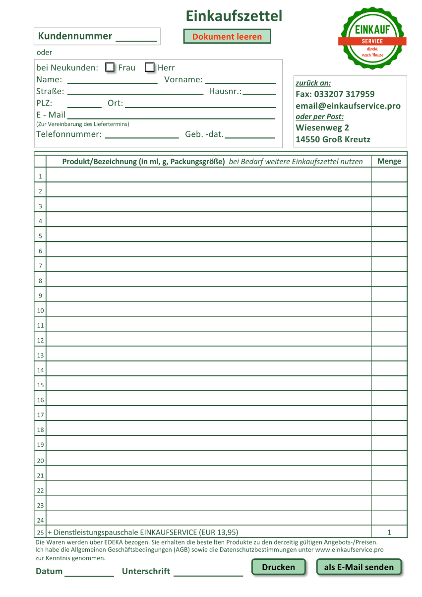 Druckvorlage Ihres Einkaufszettels Einkaufszettel von EINKAUF SERVICE