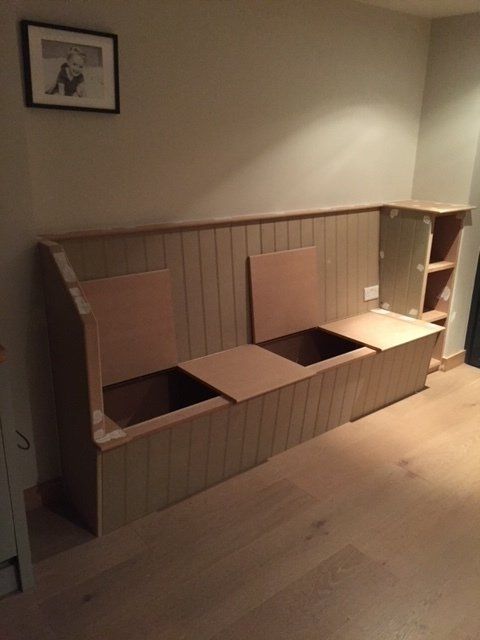 Bespoke custom-made-to-size bench seating with top access storage, open shelving end unit, fitted in petersham, Richmond
