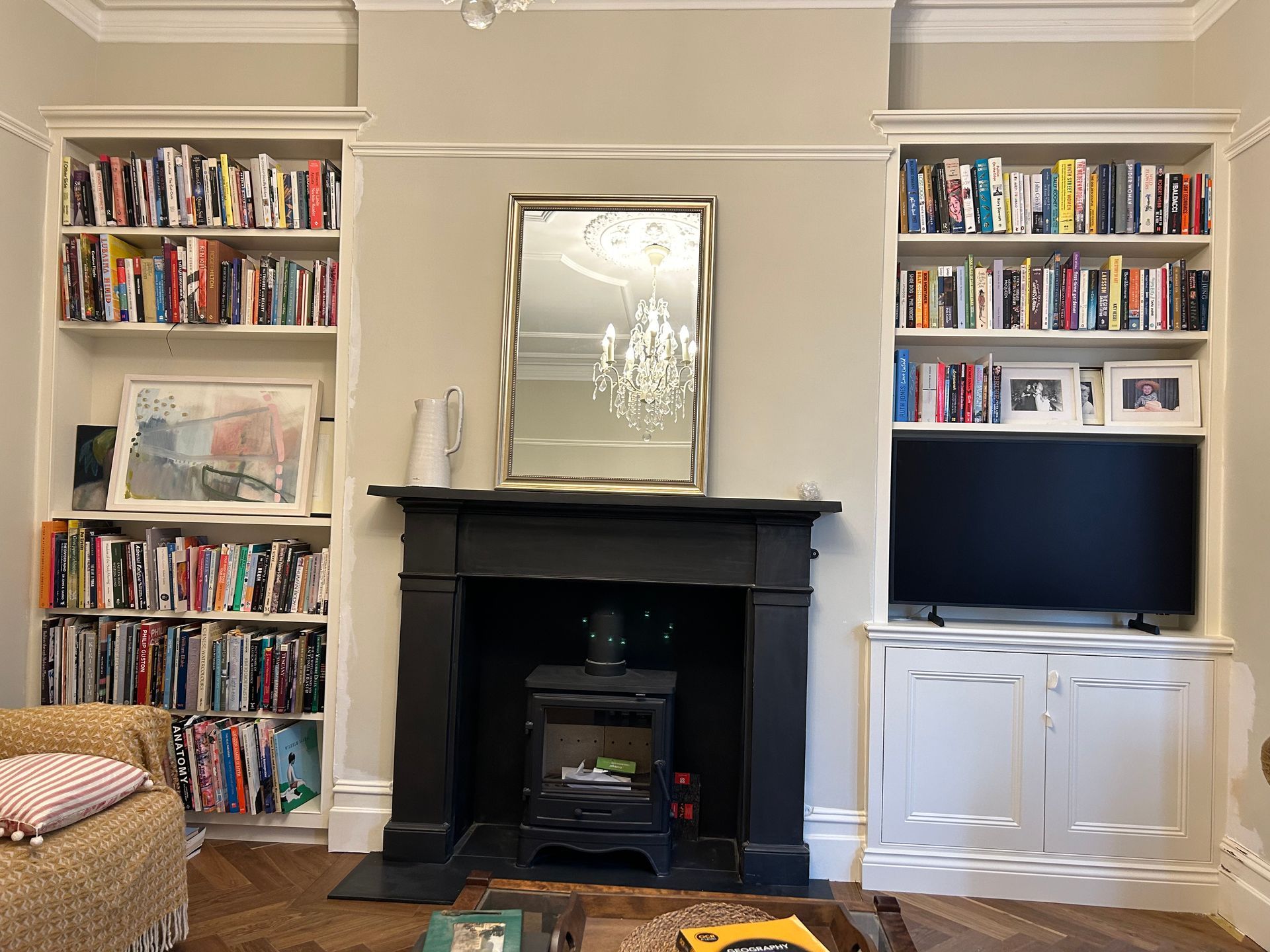Bespoke Victorian bookcase with traditional profiles and shaker cupboards in Petersham.