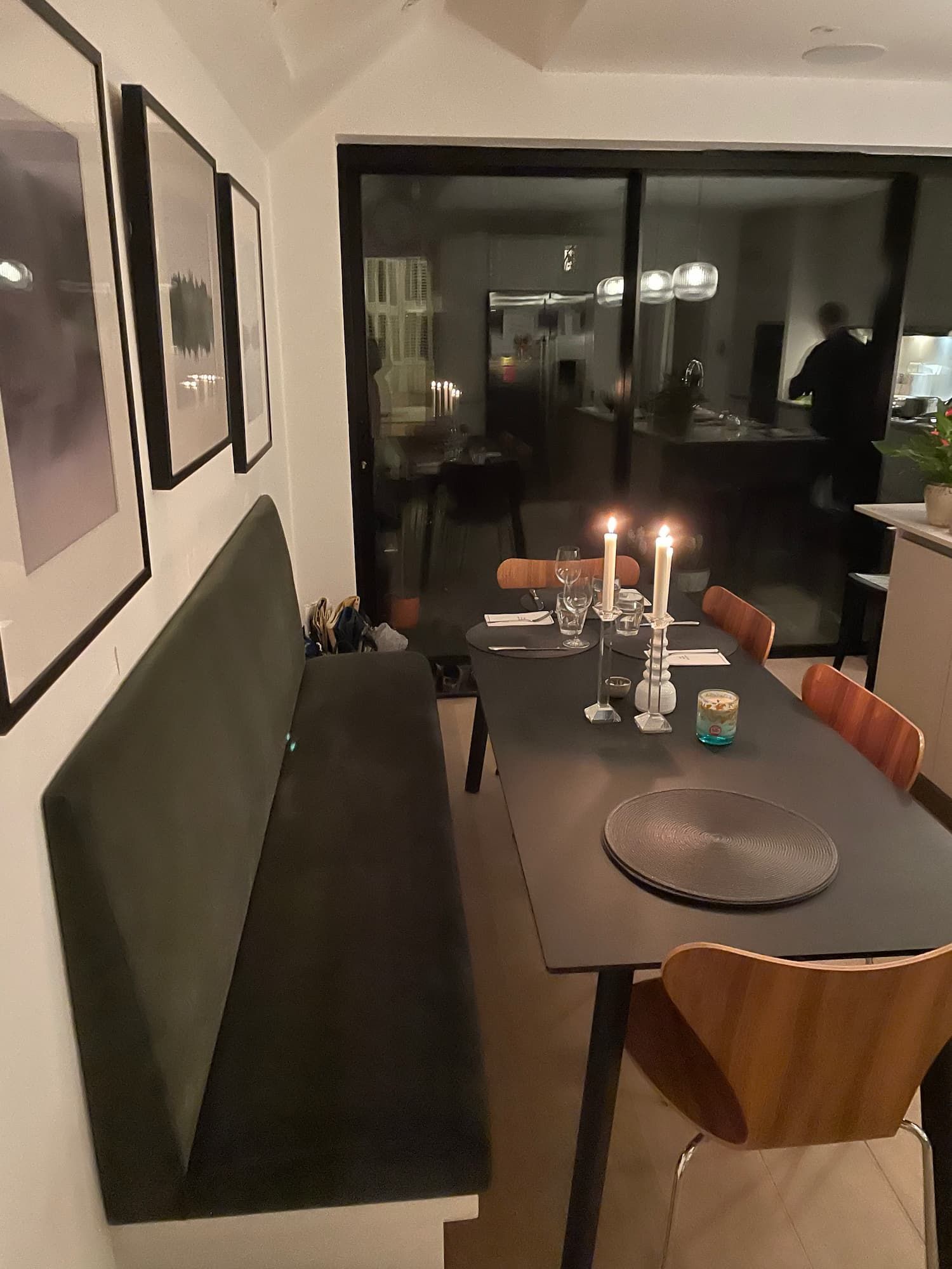 Built-in banquette seating with velvet upholstery and drawer storage in Richmond.